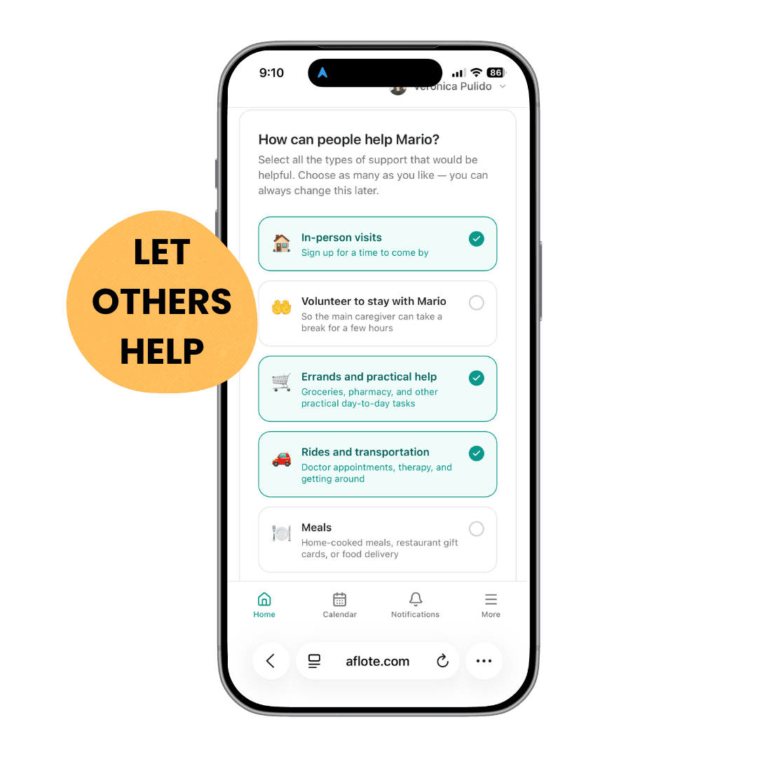 Aflote options for visits, errands, rides, meals, and other practical help
